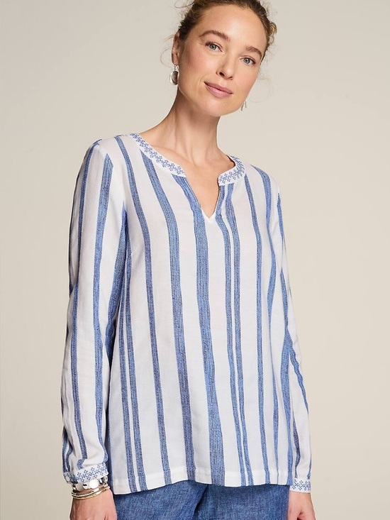 J JILL NWT M Pure Jill Embroidered Striped Top Cotton Blouse White Blue Yonder - Picture 10 of 14